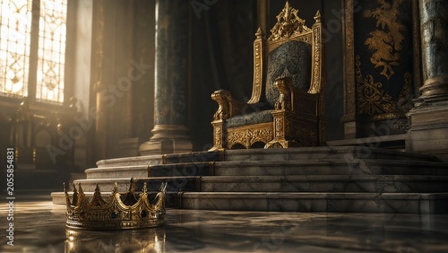 throne. Empty ornate throne on marble steps, golden crown abandoned with dramatic window lighting. event programs, museum guides, designed for cultural heritage projects and event programs.