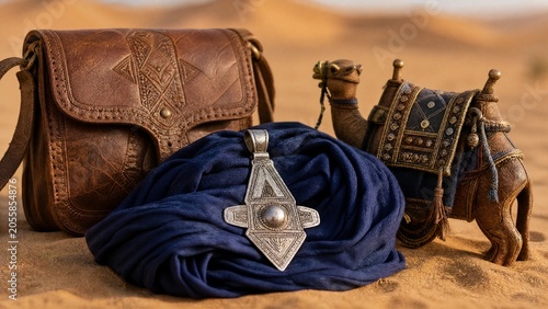 Tuareg pendant and indigo fabric with leather bag on sand, Sahara nomadic trader concept. event programs, museum guides, designed for cultural heritage projects and event programs.