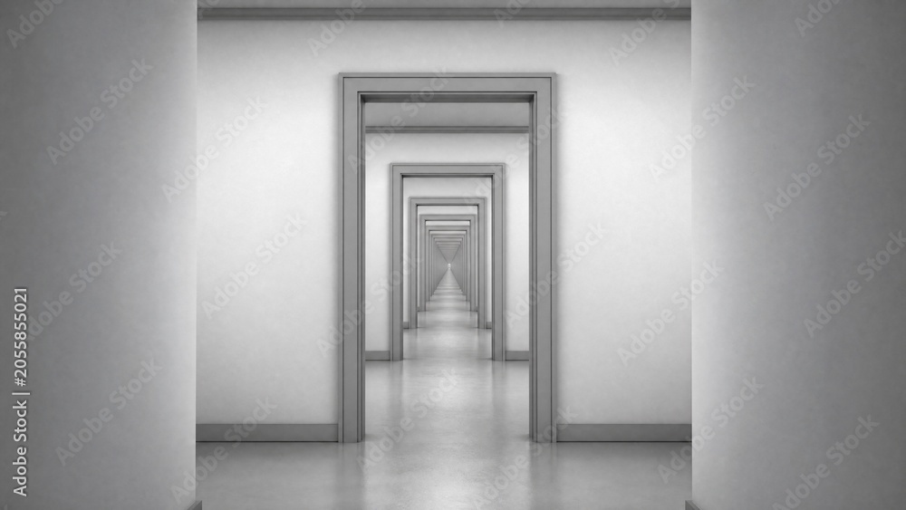 Fototapeta premium vanishing. An endless grey and white corridor with identical repeating doorways. real-estate listings, architecture portfolios, designed for real-estate listing and luxury residence showcases.
