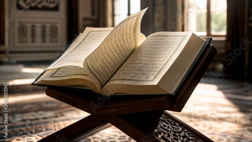lectern. An open Quran on a lectern with pages gently turning in a soft breeze, illuminated by window light. event programs, museum guides, designed for cultural heritage projects and event programs.