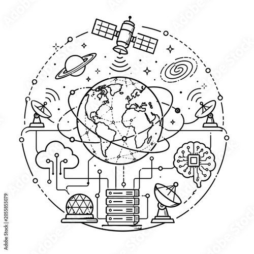 Quadro su tela Conceptual Illustration of Global Digital Communication Network Featuring Satell