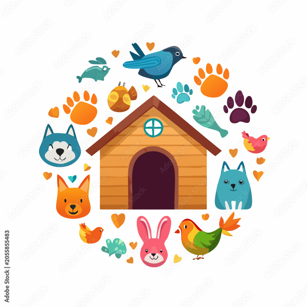 Naklejka premium Pet care and animal shelter concept with various domestic animals and a dog house.