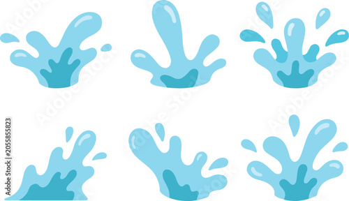 Cute hand drawn blue water splash and drop element illustration set isolated on white background