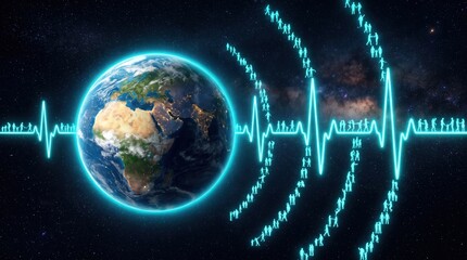 Earth with glowing blue heartbeat line and human silhouettes in space