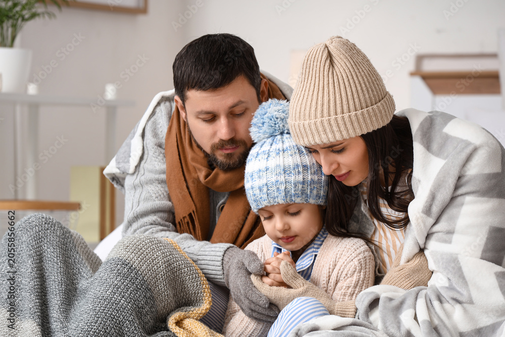Obraz premium Frozen family with plaids and lack of heating holding hands in bedroom