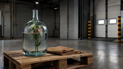 demijohn. Glass carboy with submerged flower and marbles on pallet, safe floral transport concept. mobility guides, transit brochures, designed for mobility and urban transit guides.