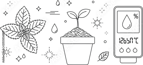 Bild auf Leinwand Smart gardening potted plant growth monitoring with soil humidity meter and mint