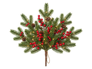 Pine Spray Christmas Decoration with Red Berries Pinecones and LED Fairy Lights Isolated on Black for Holiday Graphic Design and Seasonal Layouts