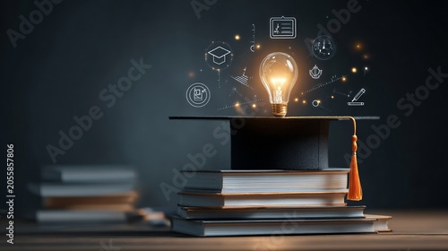 A graduate cap with a glowing light bulb placed atop stacks of books, symbolizing education and inspiration.