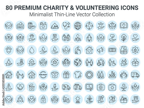 Fotografie 80 Charity and Volunteering Thin-Line Vector Icons