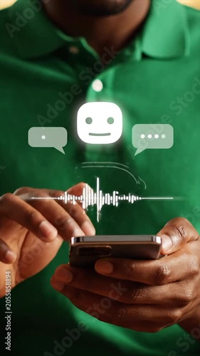 Man using smartphone with chatbot interface and sound waves in a close-up cinematic shot