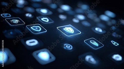 A close-up view of illuminated digital icons on a dark background, featuring a prominent shield icon symbolizing security.