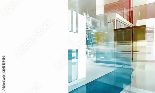 Modern architectural design with glass reflections and bright lights.