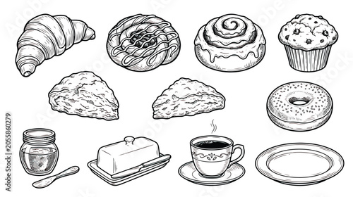 Foto Vintage hand drawn bakery collection, 11 breakfast pastry and coffee icons, blac