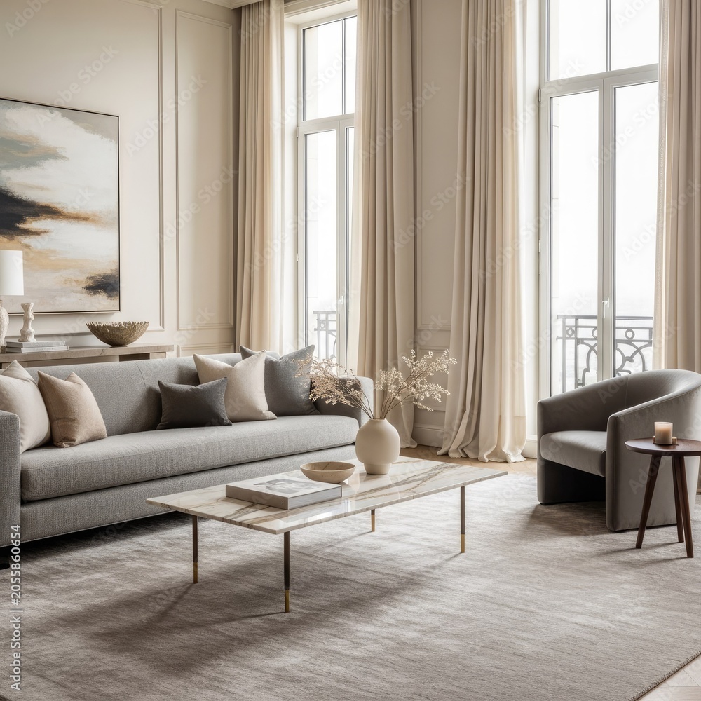 Fototapeta premium Elegant living room interior with neutral colors and modern furnishings