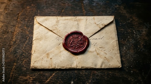 Vintage paper envelope with a red wax seal on wood