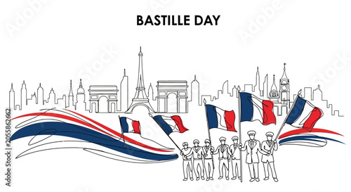 Cuadro en lienzo Bastille Day Celebration: French Flags, Paris Skyline, and Parade Figures - Vect