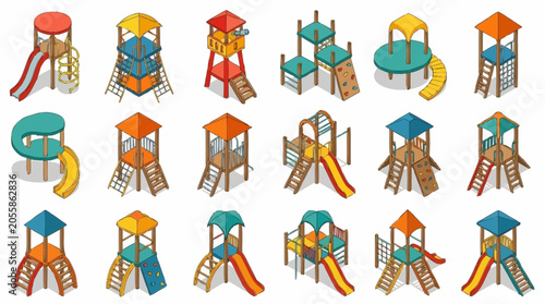 Collection of colorful isometric playground equipment and structures for children's entertainment.