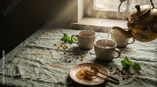 Steaming Herbal Tea Ritual with Dried Flowers and Mint on Natural Linen in Golden Morning Light, Luxury Wellness Photography