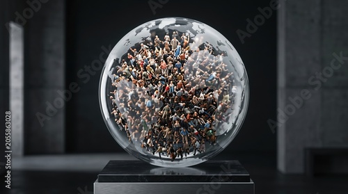 A large glass sphere filled with a crowd of people on a black stand