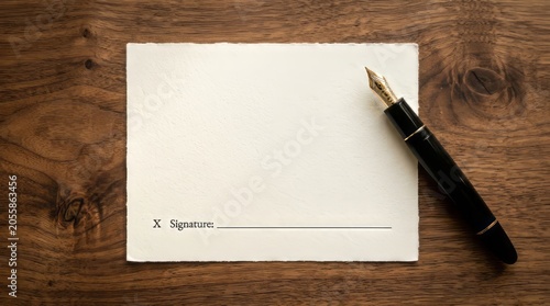 Blank contract paper with fountain pen on dark wooden table