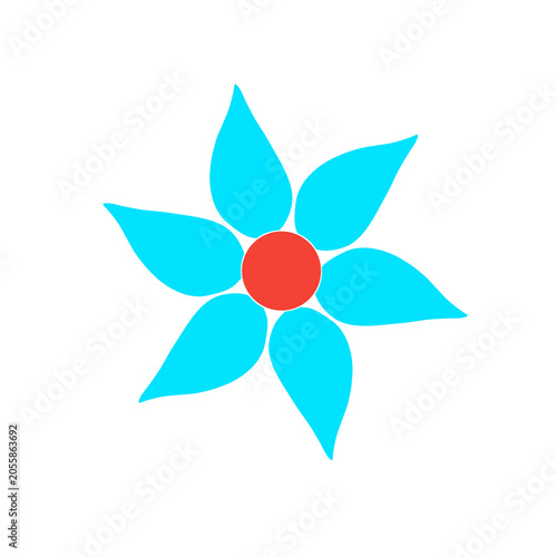 Minimalist six petal blue floral icon with red center