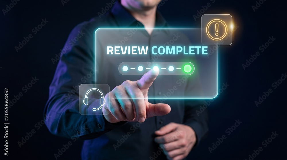 Obraz premium Professional Pressing Review Complete Button on Digital Document Panel to Finalize Approvals, Close Tasks, Confirm Checklists, and Signal Completion