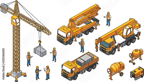 Schilderij op canvas Isometric Illustration of Construction Site with Cranes, Trucks, Mixers, and Wor