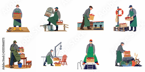 Photos Collection of flat illustrations showing professional fishermen in aprons and boots handling fresh lobster catches in crates on docks and boats