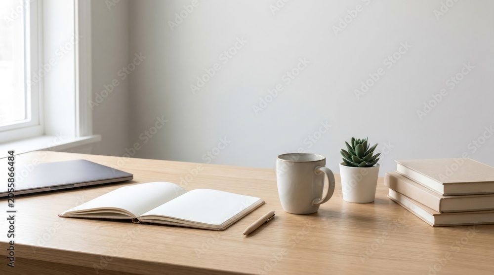 Fototapeta premium Minimalist home office desk setup with open notebook and laptop for remote work productivity and study planning in a bright modern workspace