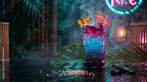 Smoking Exotic Cocktail in Volcanic Tiki Glass Surrounded by Monstera and Tropical Flowers at Midnight, Luxury Beverage Photography