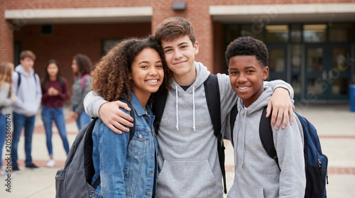 Diverse group of three teenage friends smiling together outside high school building, happy multiethnic students with backpacks ready for class, education and friendship concept