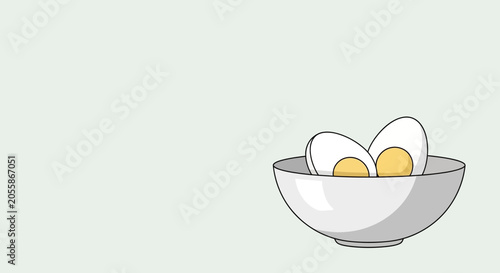 Simple Illustration of Two Halved Hard-boiled Eggs in a White Bowl.