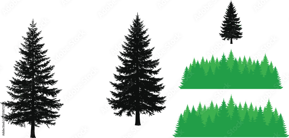 Fototapeta premium Black and green pine tree silhouettes, spruce forest borders, and coniferous landscape elements for nature graphic designs