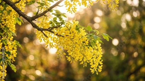 Close-up branch tree bright yellow flowers Forsythia bush with in spring selective focus