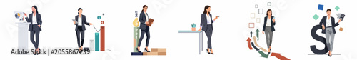 Collection of Businesswoman Illustrations Showcasing Professional Activities, Leadership, Financial Analysis, and Career Growth in a Modern Corporate Setting.