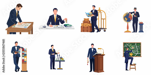 Set of hotel concierge and bellhop illustrations performing various guest services like booking, luggage assistance, navigation, and local guidance.