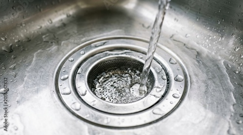 Close-up sink drain water flowing out of clean into a stainless steel kitchen