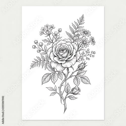 Flower Line Art Illustration on White Background