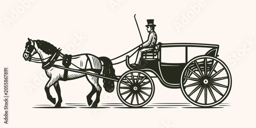 Fotografie Horse drawn carriage silhouette illustration with driver vintage style