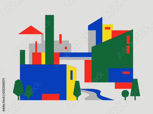 Obraz na płótnie Minimalist Geometric Urban Cityscape with Bauhaus Style Factory and Industrial E