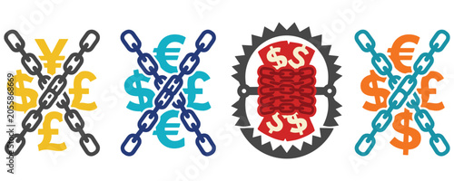 Foto Currency symbols chained together and in trap financial crisis concept