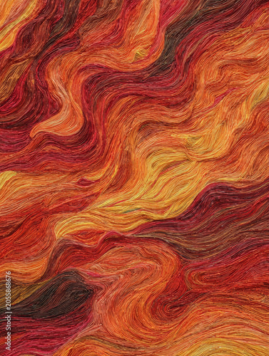 Textured abstract painting features intricate array of swirling lines in warm red, orange, and yellow tones creating dynamic flow