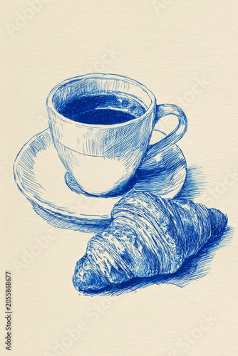 Blue ink line drawing coffee cup croissant breakfast sketch vintage style illustration