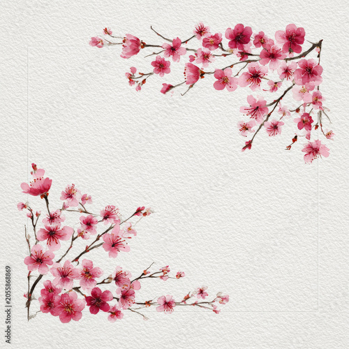 Delicate square border of pink cherry blossom branches on textured white paper, creating soft and elegant floral frame for any design