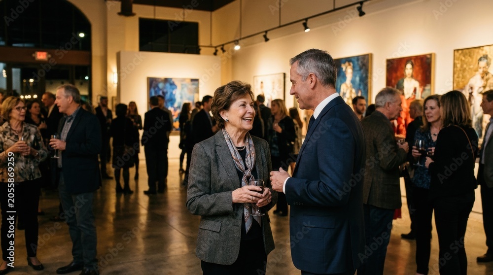 Fototapeta premium Group people art gallery center image Elegant senior woman in gray blazer enjoying opening