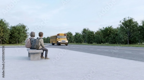 Two young children sitting on a concrete bench waiting for a school bus on a rural road, concept of education, back to school, childhood, and morning commute