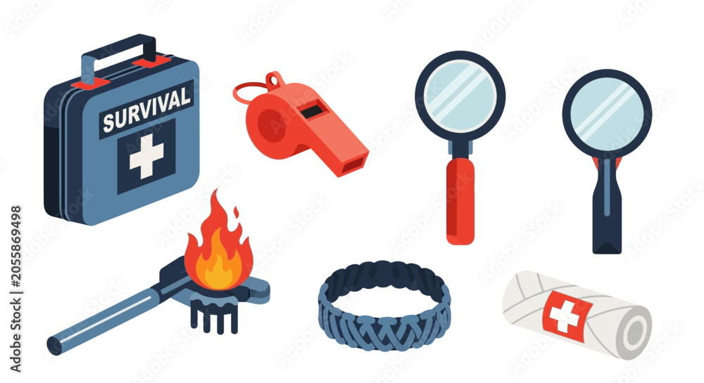 Naklejka premium Survival Kit Essentials: First Aid, Fire, Magnifying Glass, Whistle, Paracord