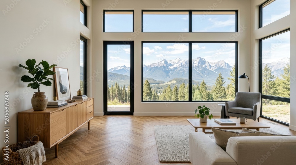 Fototapeta premium Modern living room large windows that Light exhibition interior with drawer, panoramic window and mockup