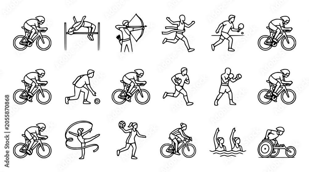 Naklejka premium Diverse Sports Icons: Action Line Art of Athletes in Competition